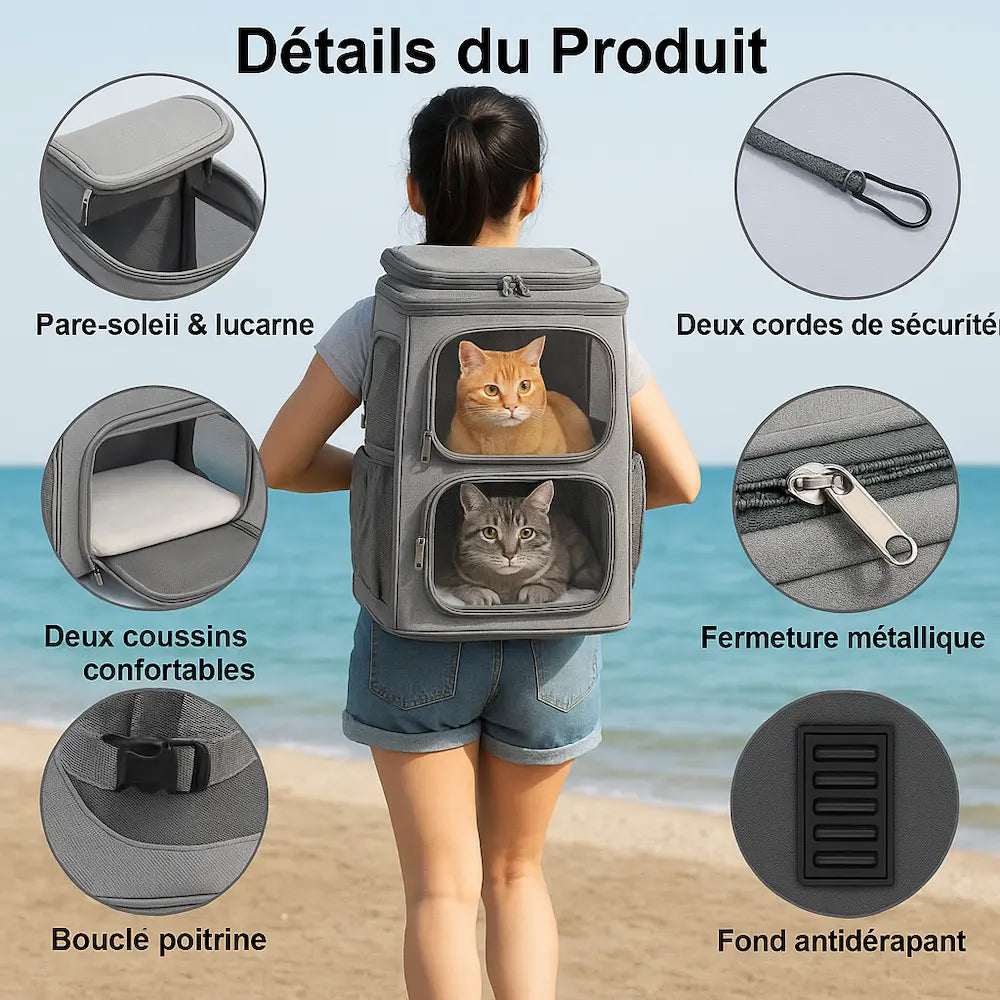 Sac à dos 2 chats - Transportez 2 félins sans stress Griffe d'Amour