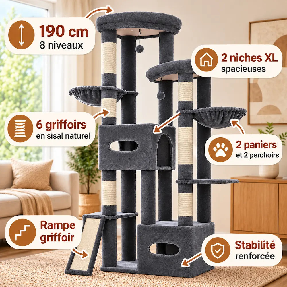 Arbre à chat pour gros chat 190 cm : 8 niveaux, 2 niches XL, 6 griffoirs en sisal, 2 paniers, rampe griffoir et stabilité renforcée