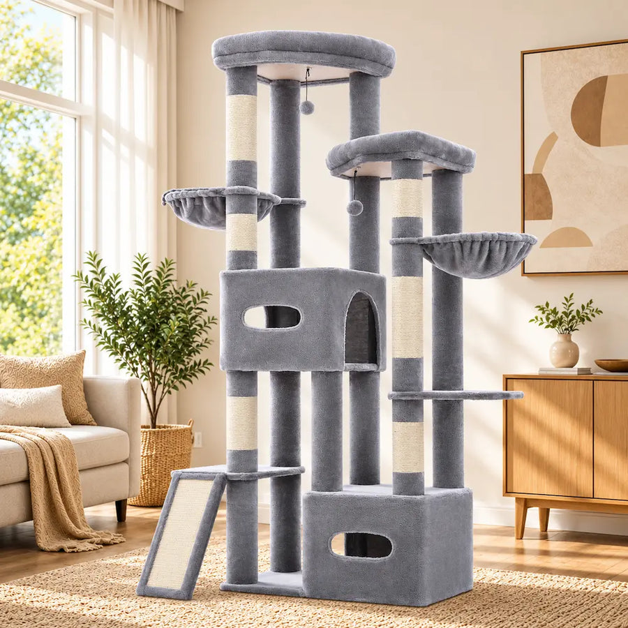 Arbre à chat pour gros chat 190 cm gris foncé avec deux niches XL dans un salon lumineux