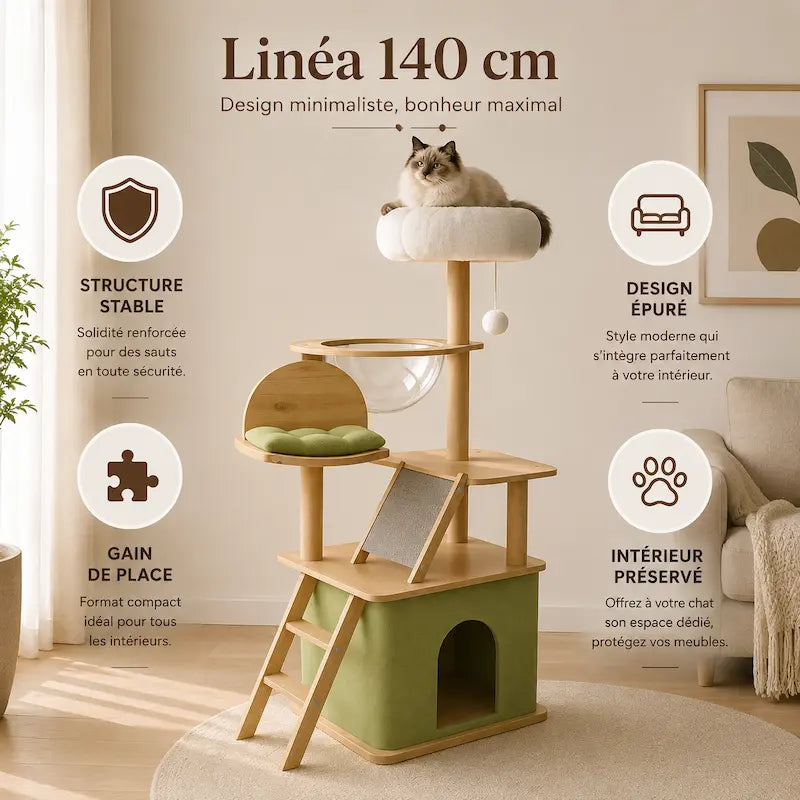 Chat perché en hauteur sur l'arbre à chat Linéa 140 cm