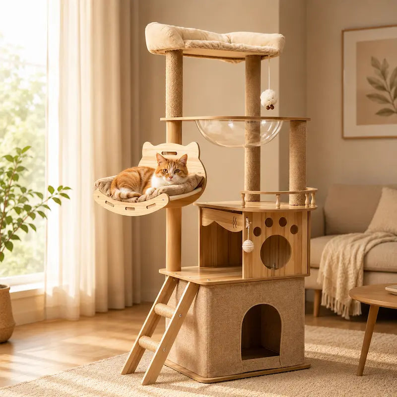 Arbre à chat design multifonction Nooka en bois, avec échelle, capsule transparente et niche