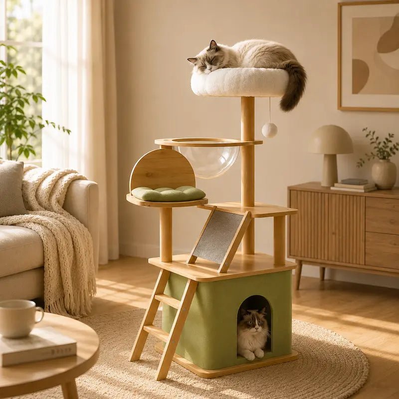 Arbre à chat 140 cm Linéa en bois avec capsule, niche verte et chats dans un salon