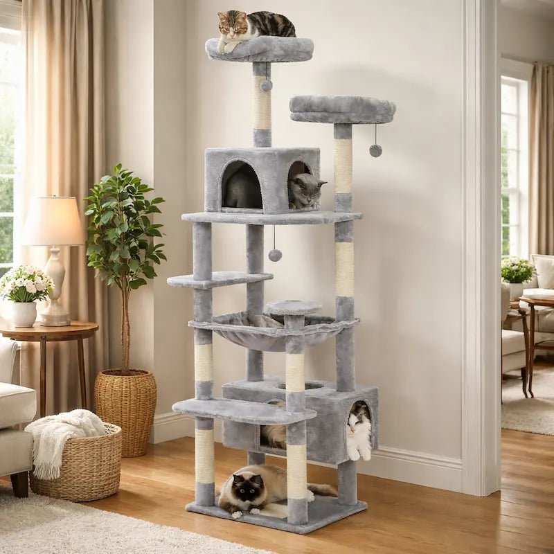 Arbre à chat 180 cm Catéma gris avec condos, hamac et nombreux chats