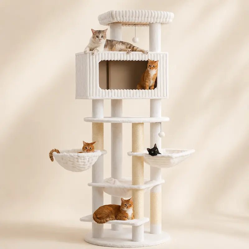 Arbre à chat condo spacieux Feliora blanc avec plusieurs chats dans les hamacs et le condo