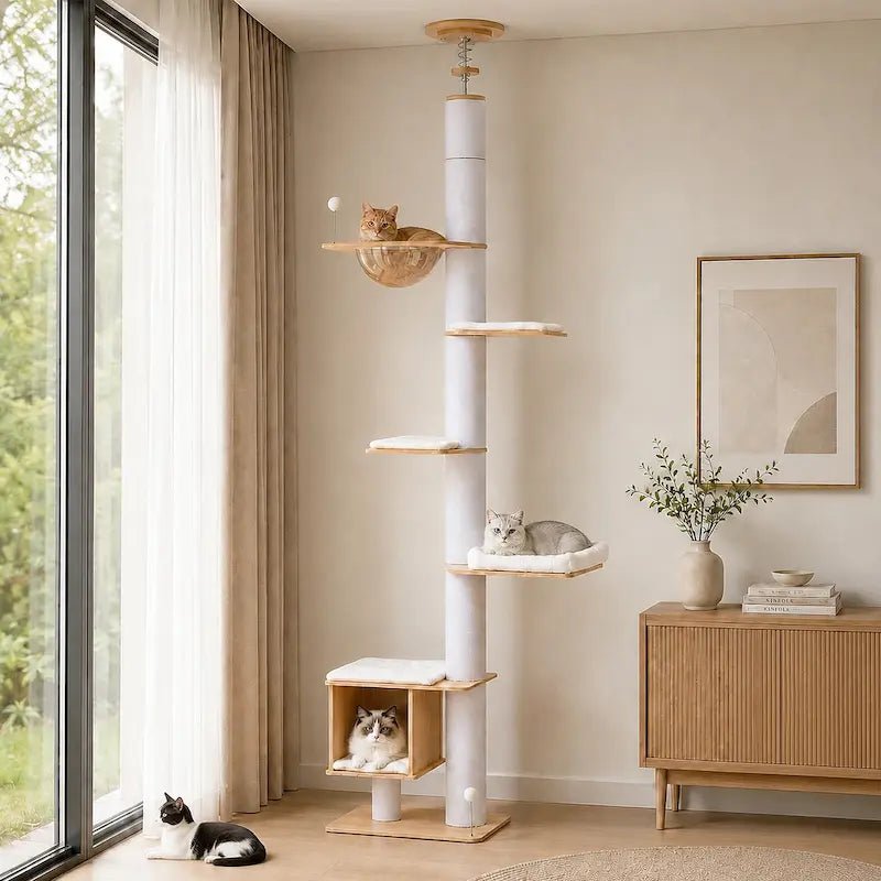 Arbre à chat du sol au plafond CatVera dans un salon lumineux, avec niche, plateformes et capsule