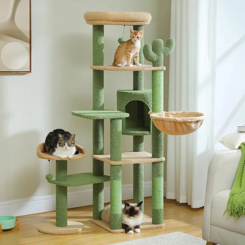 Arbre à chat grande plateforme Chataya cactus vert avec paniers, niche et chats