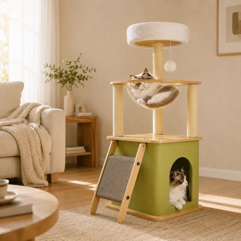 Arbre à chat Linea 100 FelinoHome avec capsule, niche verte et chats dans un salon