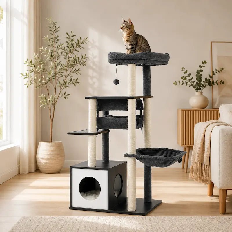 Arbre à chat moderne en bois multi-niveaux CatHaven noir avec niche cubique et hamac