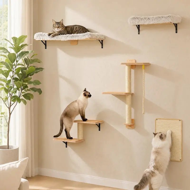 Arbre à chat mural 5-en-1 PurrHouse fixé au mur avec plateformes, marches, griffoir et chats