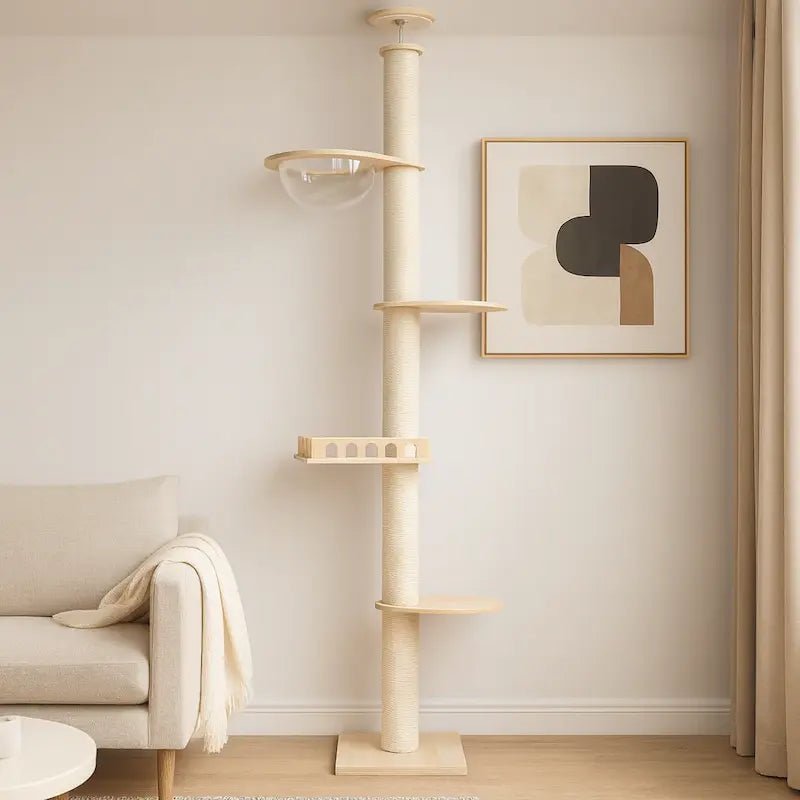 Arbre à chat plafond réglable Mewparnasse installé dans un salon, avec plateformes et bol transparent