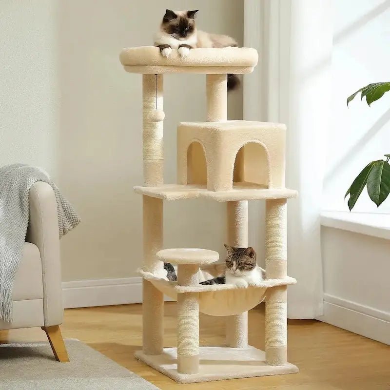 Arbre à chat solide Catfort beige avec niche, hamac et chats