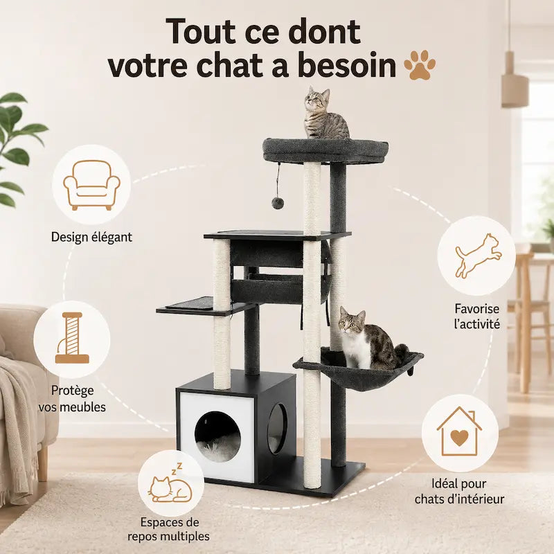 Arbre à chat moderne en bois multi-niveaux