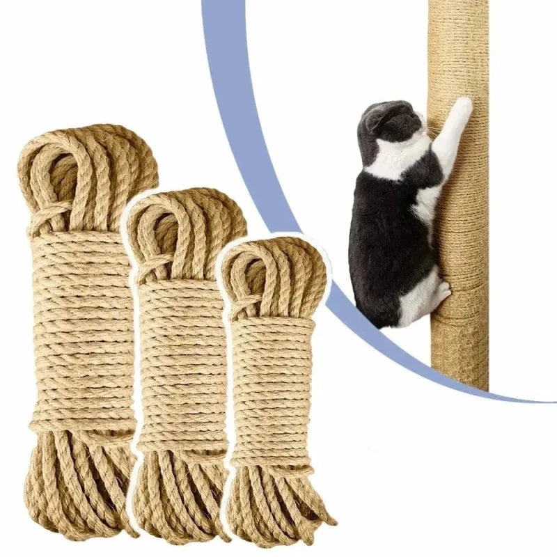 Corde pour arbre à chat en jute naturelle, rouleaux et chat sur un poteau regarni