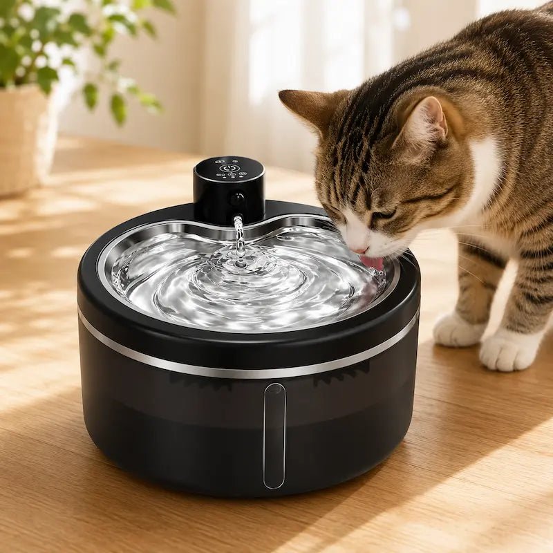 Chat qui boit à la fontaine à eau chat inox 3L AquaMia noire avec plateau en inox