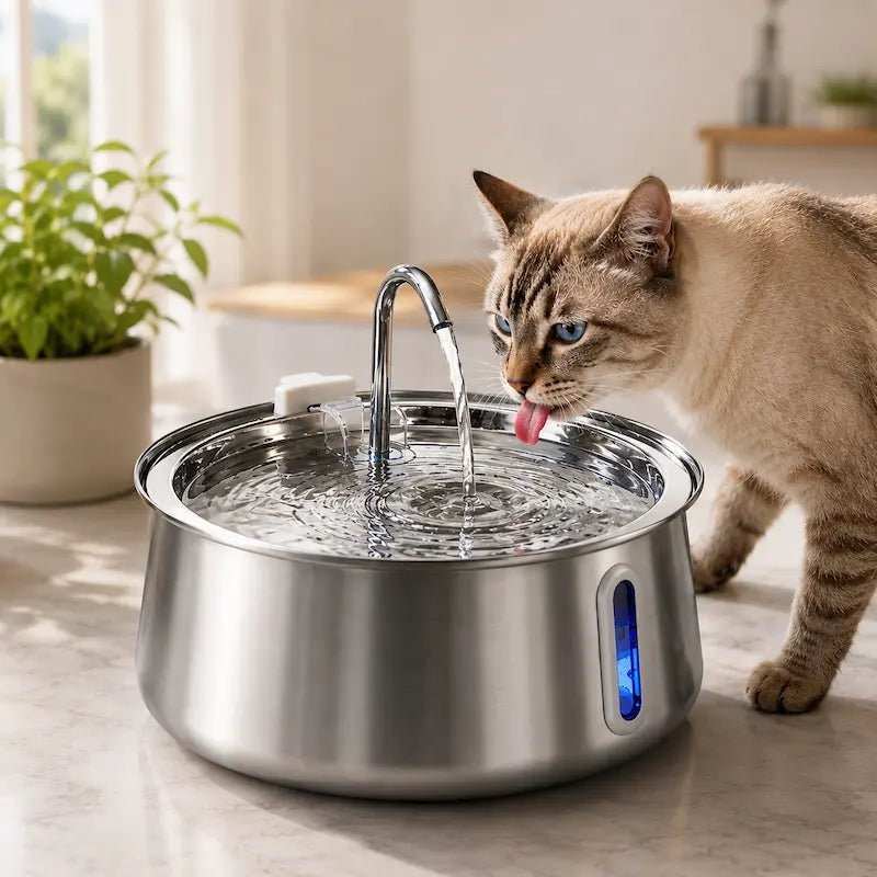 Chat qui boit au robinet de la fontaine à eau chat inox 4L FéliInox