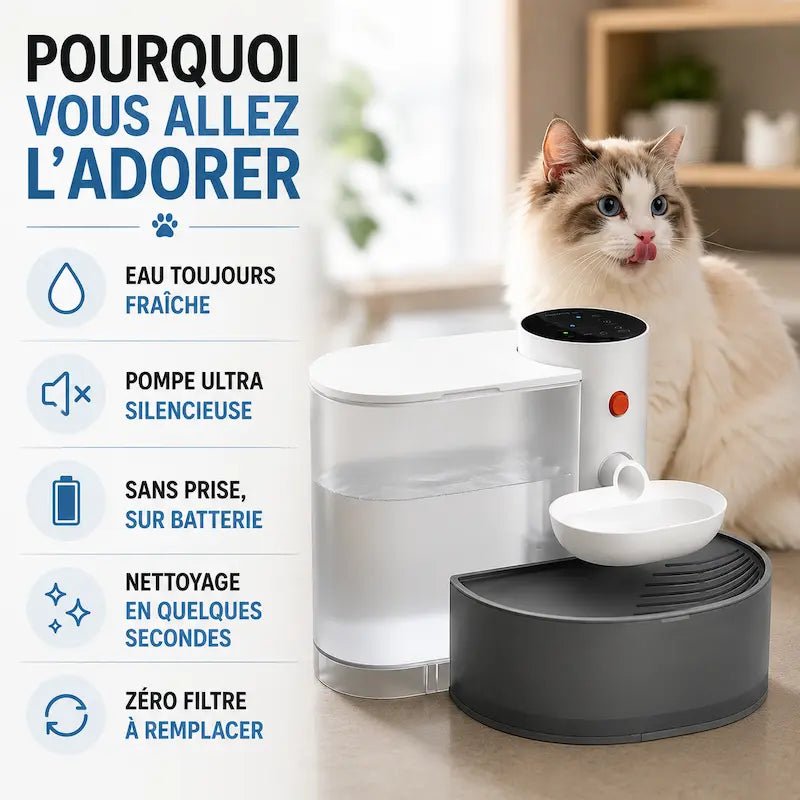 Fontaine à eau chat sans filtre - 3L & autonomie sans recharge | HydriCat
