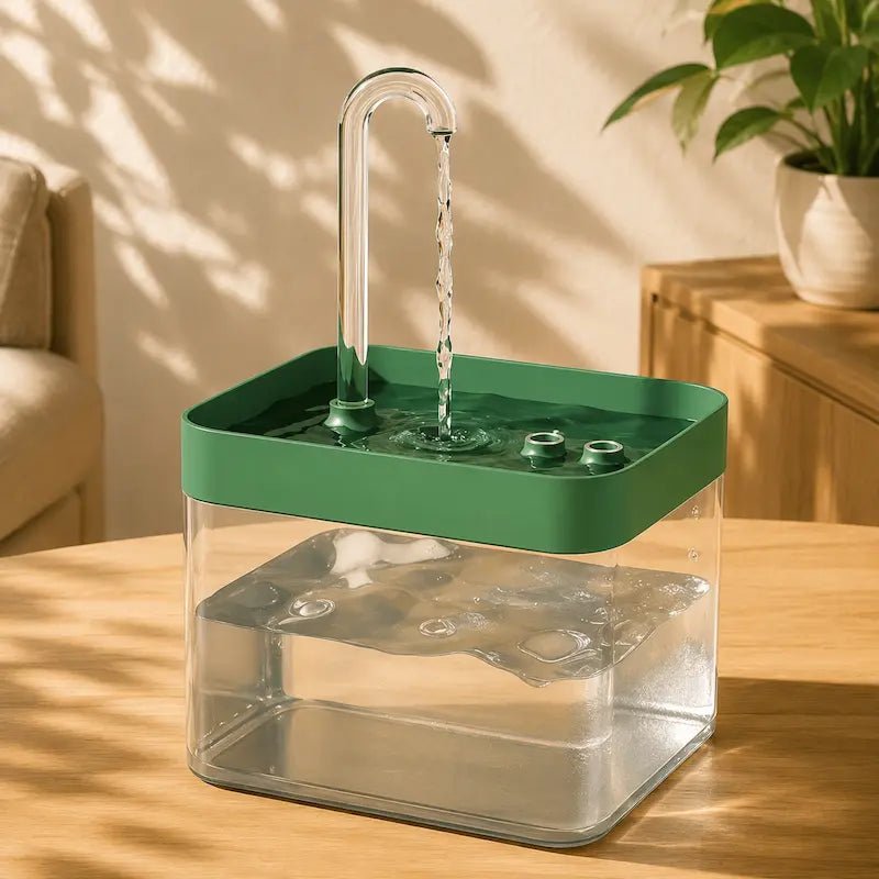 Fontaine à eau chat transparente ClearFlow avec couvercle vert et jet en col de cygne