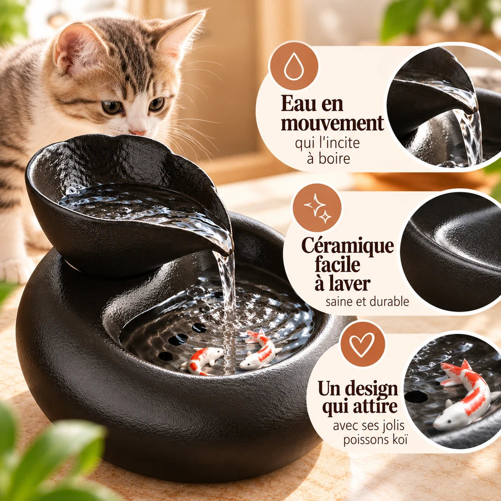 Avantages de la fontaine à eau chaton : eau en mouvement, céramique facile à laver, poissons koï
