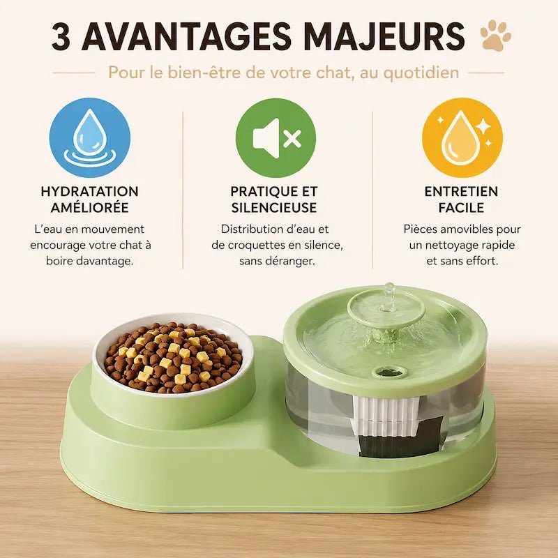 Fontaine eau & croquettes chat - 2-en-1 pratique | DuoFlow