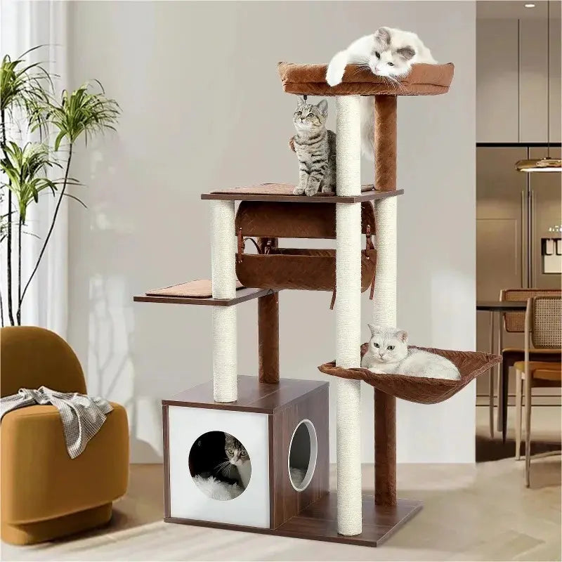 Arbre à chat moderne en bois multi-niveaux